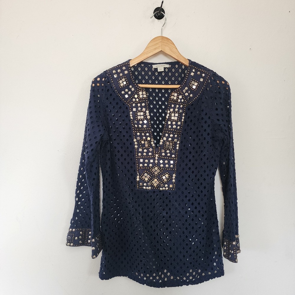 Boston Proper Blue Sheer Embellished Crochet Top Blouse Small Made in India